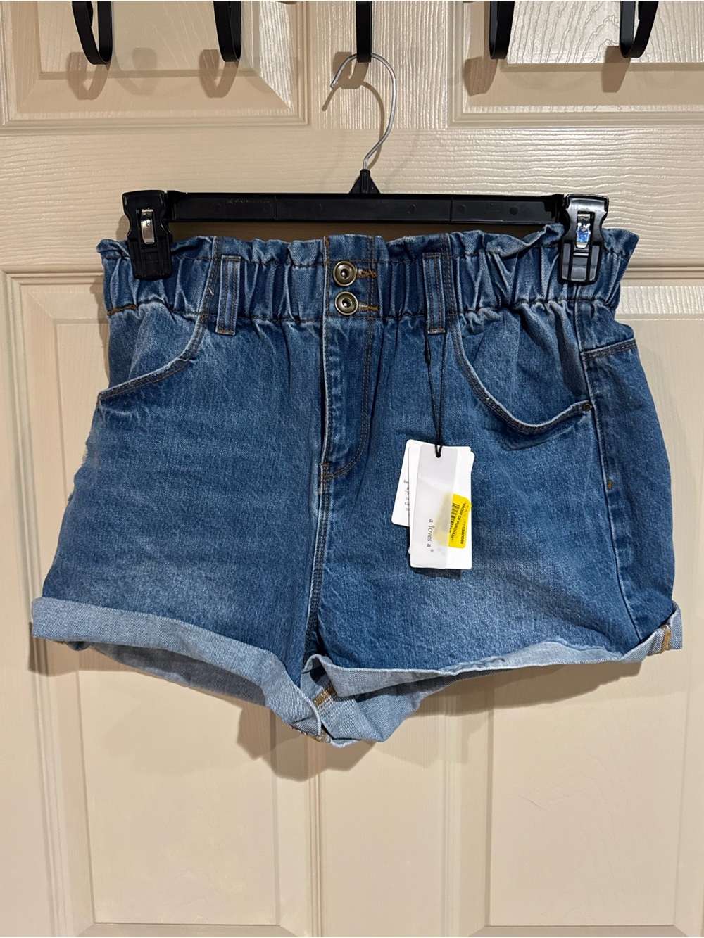 High-Rise Paperbag Denim Shorts - Blue